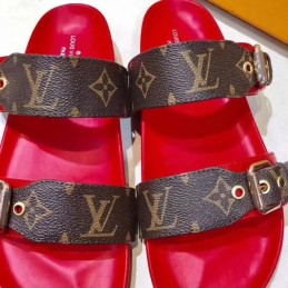 Replica Louis Vuitton Brown Monogram Red Bom Dia Flat Mule Sandals