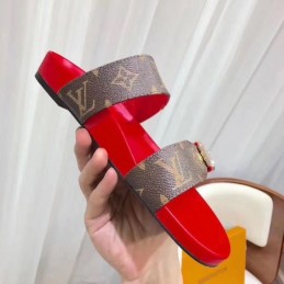 Replica Louis Vuitton Brown Monogram Red Bom Dia Flat Mule Sandals