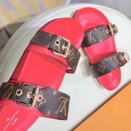Replica Louis Vuitton Brown Monogram Red Bom Dia Flat Mule Sandals