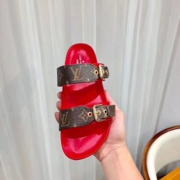 Replica Louis Vuitton Brown Monogram Red Bom Dia Flat Mule Sandals