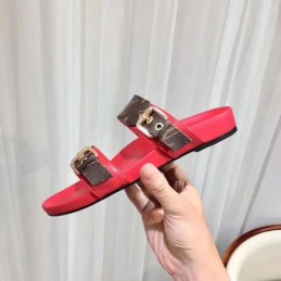 Replica Louis Vuitton Brown Monogram Red Bom Dia Flat Mule Sandals