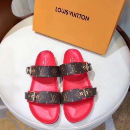 Replica Louis Vuitton Brown Monogram Red Bom Dia Flat Mule Sandals