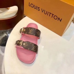 Replica Louis Vuitton Brown Monogram Pink Bom Dia Flat Mule Sandals