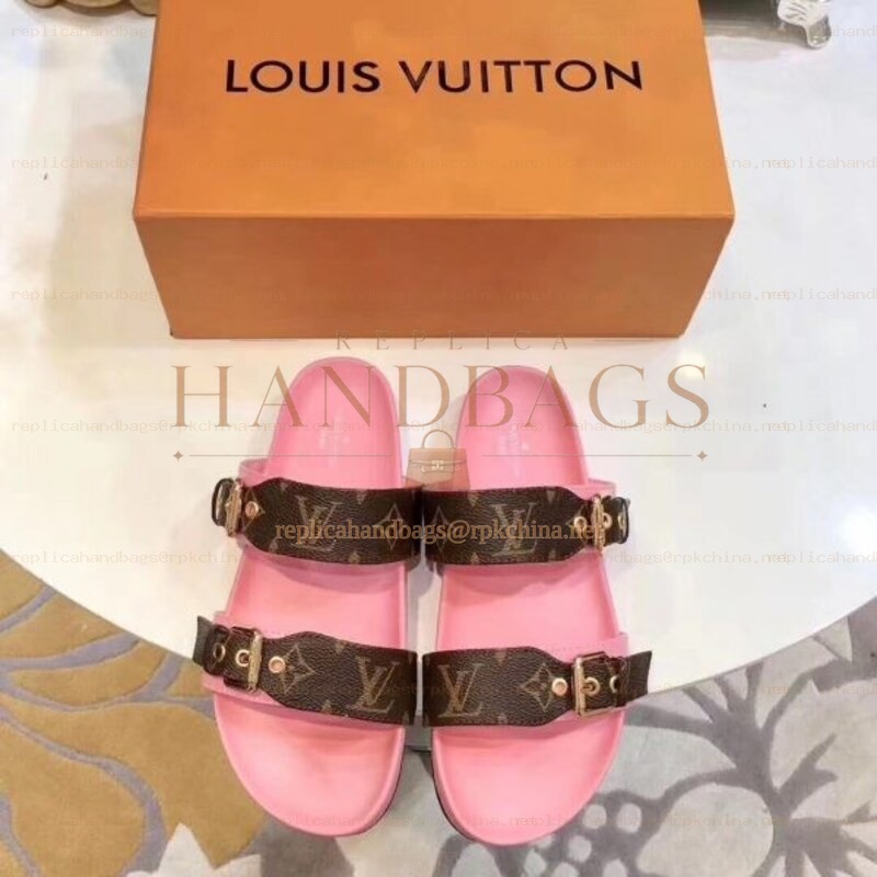 Replica Louis Vuitton Brown Monogram Pink Bom Dia Flat Mule Sandals