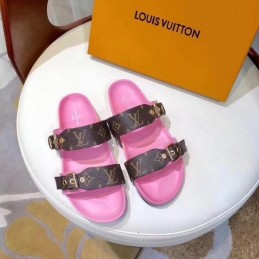 Replica Louis Vuitton Brown Monogram Pink Bom Dia Flat Mule Sandals