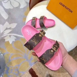 Replica Louis Vuitton Brown Monogram Pink Bom Dia Flat Mule Sandals