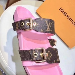 Replica Louis Vuitton Brown Monogram Pink Bom Dia Flat Mule Sandals