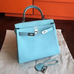 Replica Hermes Light Blue Kelly 28 Palladium Hardware Bag