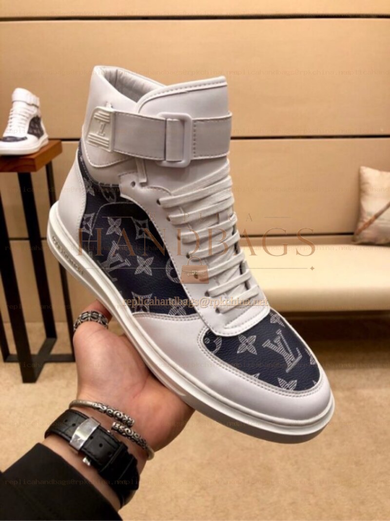 Replica Louis Vuitton White Navy Monogram High Top Sneakers