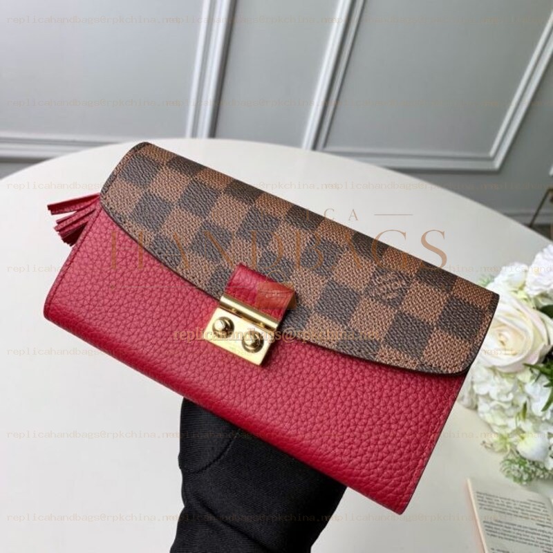 Replica Louis Vuitton Brown Damier Ebene Red Croisette Wallet