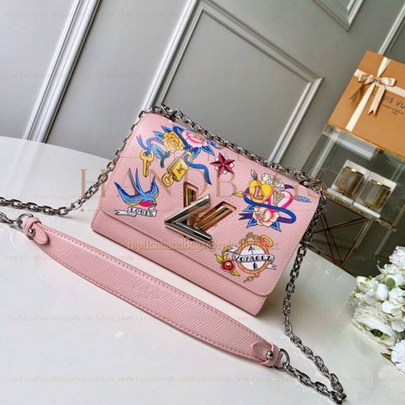 Replica Louis Vuitton Pale Pink Twist MM with Embroidered Bird Detail