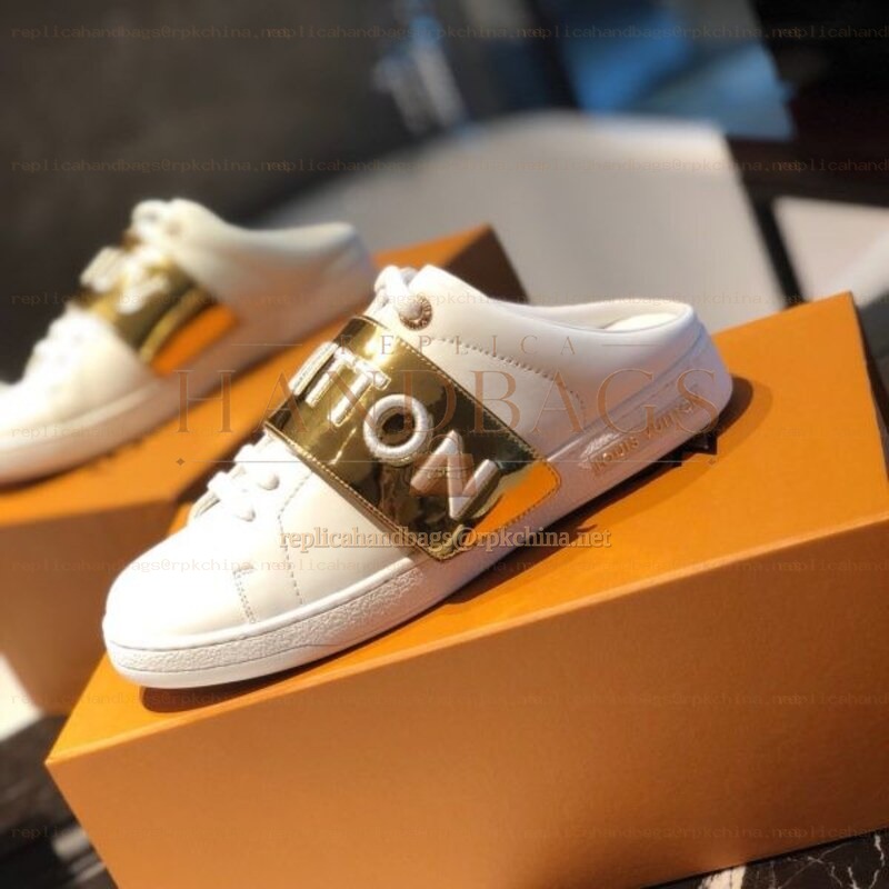 Replica Louis Vuitton White Gold Letter Strap Sneakers