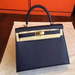 Replica Hermes Navy Beige Kelly 28 Gold Hardware Bag
