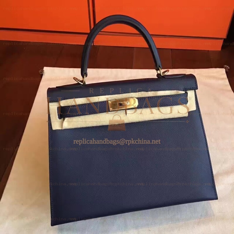 Replica Hermes Navy Beige Kelly 28 Gold Hardware Bag