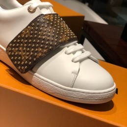 Replica Louis Vuitton White Brown Studded Strap Sneakers