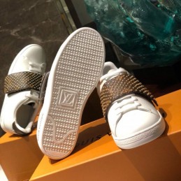 Replica Louis Vuitton White Brown Studded Strap Sneakers