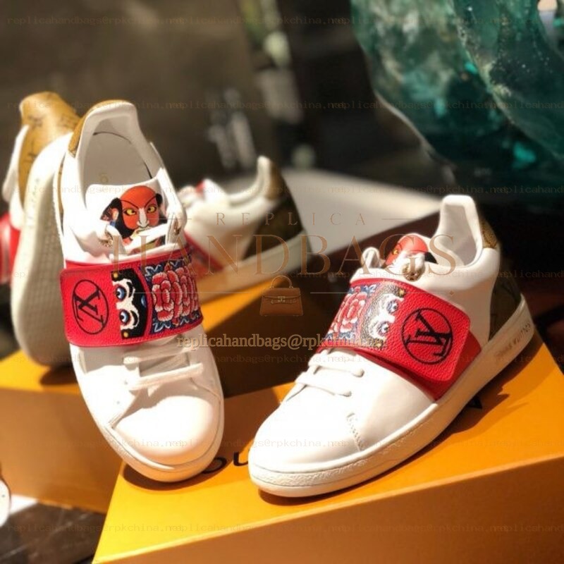 Replica Louis Vuitton White Red Graphic Strap Sneakers - Style 2