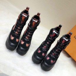 Replica Louis Vuitton Black Red Floral Laureate Platform Desert Boots