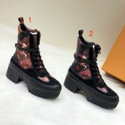 Replica Louis Vuitton Black Red Floral Laureate Platform Desert Boots