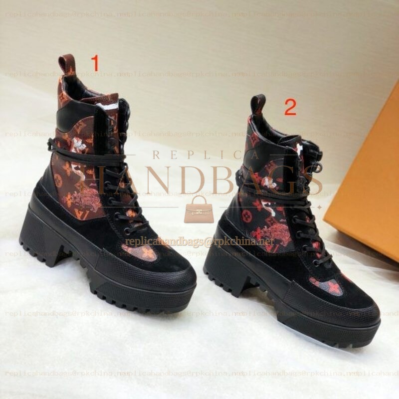 Replica Louis Vuitton Black Red Floral Laureate Platform Desert Boots
