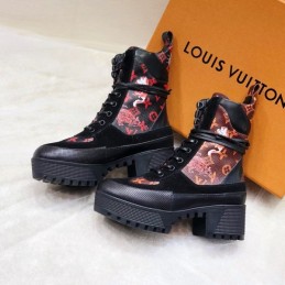 Replica Louis Vuitton Black Red Floral Laureate Platform Desert Boots