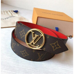 Replica Louis Vuitton Brown Monogram Red Reverse Round LV Buckle Belt
