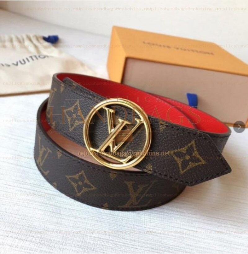 Replica Louis Vuitton Brown Monogram Red Reverse Round LV Buckle Belt