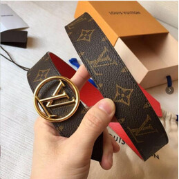 Replica Louis Vuitton Brown Monogram Red Reverse Round LV Buckle Belt