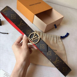 Replica Louis Vuitton Brown Monogram Red Reverse Round LV Buckle Belt