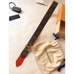 Replica Louis Vuitton Brown Monogram Red Reverse Round LV Buckle Belt