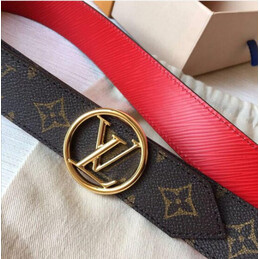 Replica Louis Vuitton Brown Monogram Red Reverse Round LV Buckle Belt