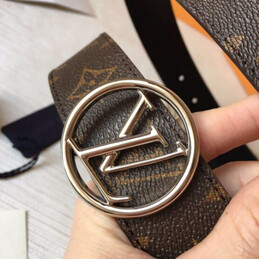 Replica Louis Vuitton Brown Monogram Black Reverse Round LV Buckle Belt