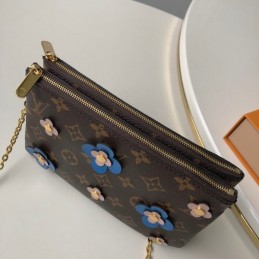 Replica Louis Vuitton Brown Monogram Blue Floral Double Zip Pochette