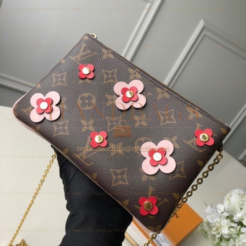 Replica Louis Vuitton Brown Monogram Red Floral Double Zip Pochette