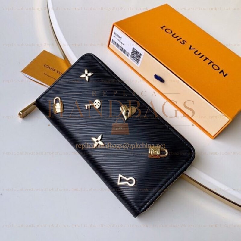 Replica Louis Vuitton Black Textured Gold Charm Zippy Wallet