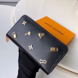 Replica Louis Vuitton Black Textured Gold Charm Zippy Wallet