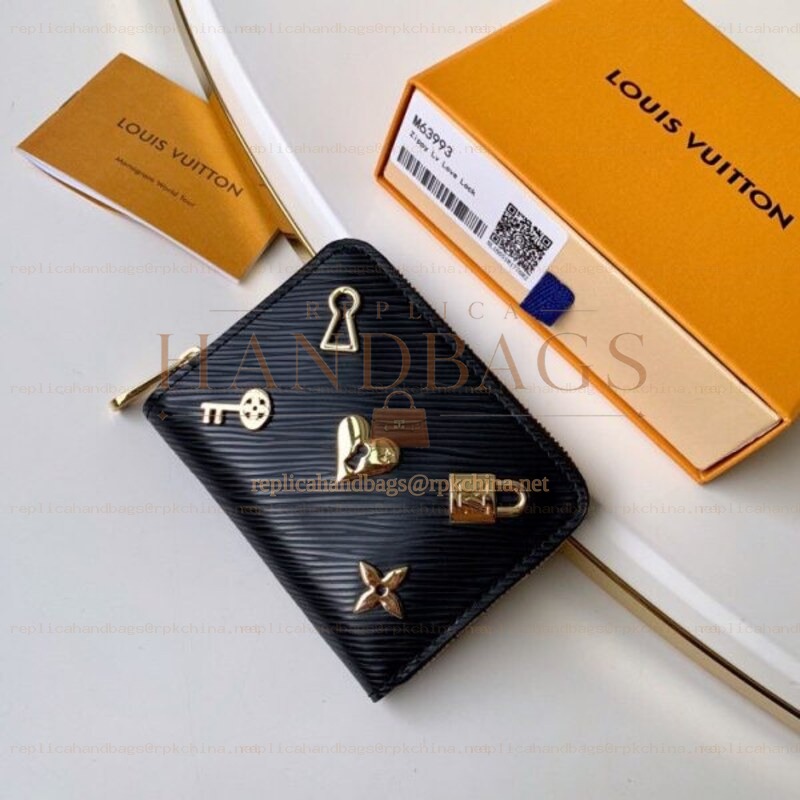 Replica Louis Vuitton Black Textured Gold Charm Zippy Coin Purse