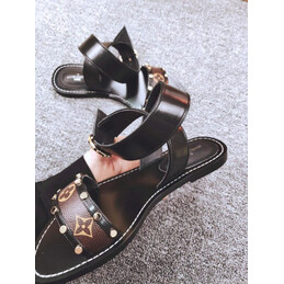 Replica Louis Vuitton Black Brown Monogram Ring Flat Sandals