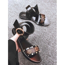 Replica Louis Vuitton Black Brown Monogram Ring Flat Sandals