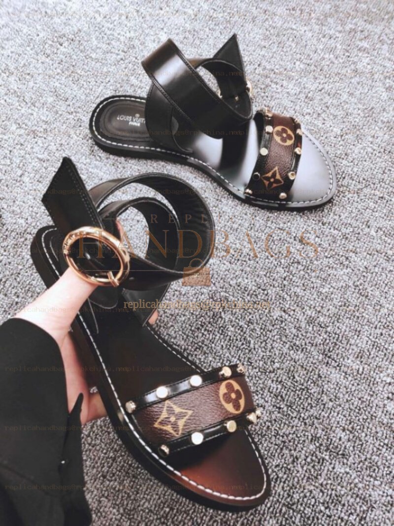 Replica Louis Vuitton Black Brown Monogram Ring Flat Sandals