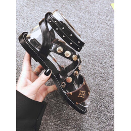 Replica Louis Vuitton Black Brown Monogram Studded Flat Sandals