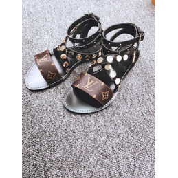 Replica Louis Vuitton Black Brown Monogram Studded Flat Sandals