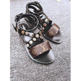 Replica Louis Vuitton Black Brown Monogram Studded Flat Sandals