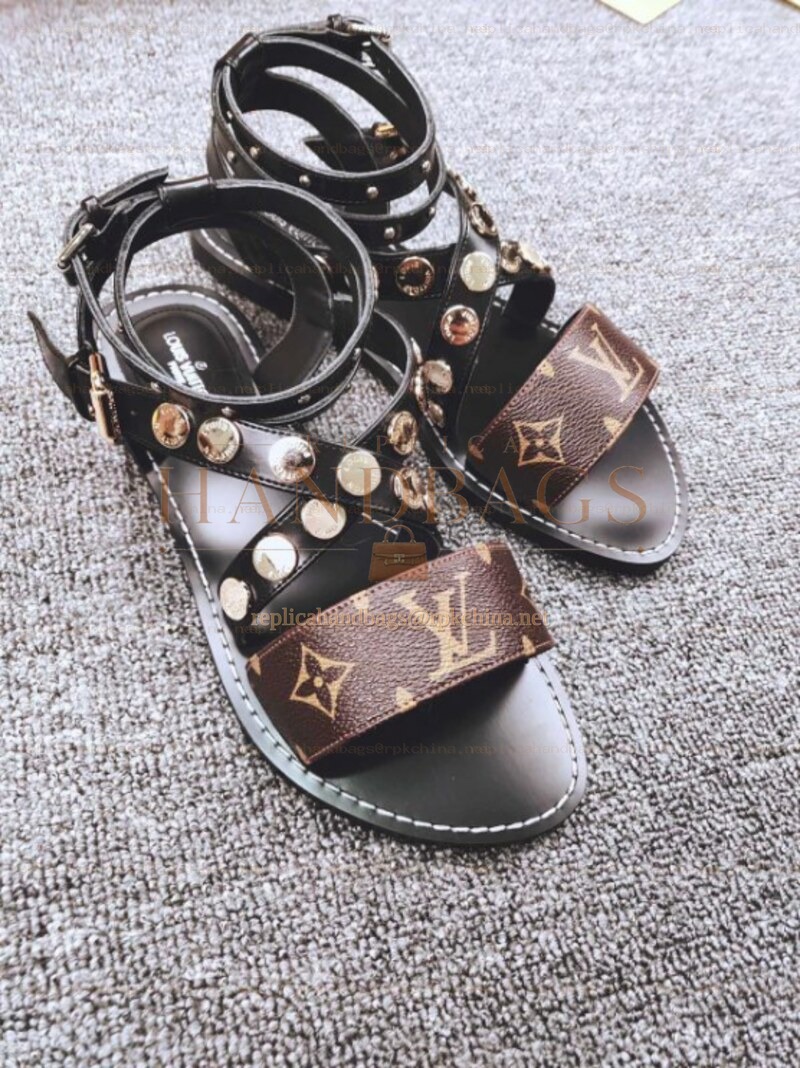 Replica Louis Vuitton Black Brown Monogram Studded Flat Sandals