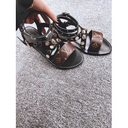 Replica Louis Vuitton Black Brown Monogram Studded Flat Sandals