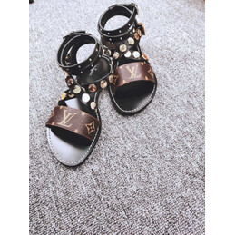 Replica Louis Vuitton Black Brown Monogram Studded Flat Sandals