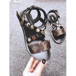 Replica Louis Vuitton Black Brown Monogram Studded Flat Sandals