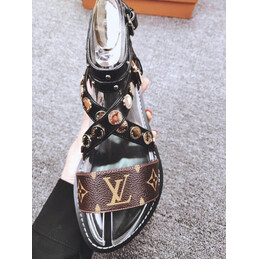 Replica Louis Vuitton Black Brown Monogram Studded Flat Sandals