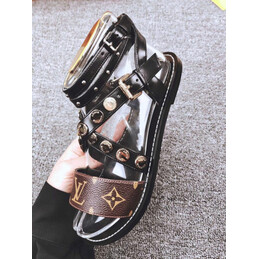 Replica Louis Vuitton Black Brown Monogram Studded Flat Sandals