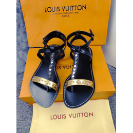 Replica Louis Vuitton Black Silver-Tone Flat Sandals
